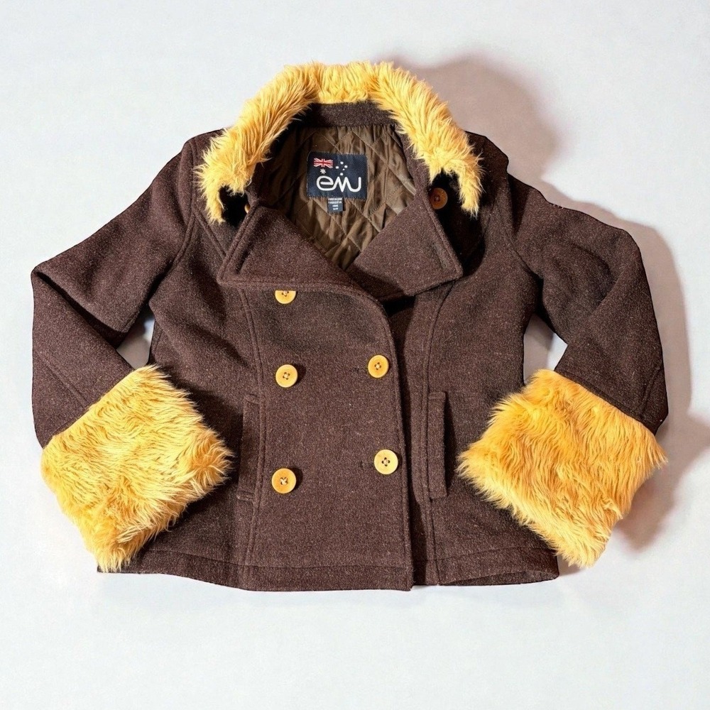 Wool Blend Pea Coat Faux‎ Fur Collar Cuffs Insulated EMU Australia M Statement
